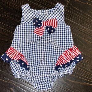 Blue Gingham Baby Romper with Red and White Bow Made by Bonnie Baby
